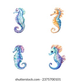 set of happy cute seahorse watercolor illustrations for printing on baby clothes, pattern, sticker, postcards, print, fabric, and books