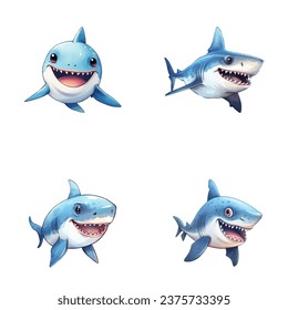 set of happy cute shark watercolor illustrations for printing on baby clothes, pattern, sticker, postcards, print, fabric, and books