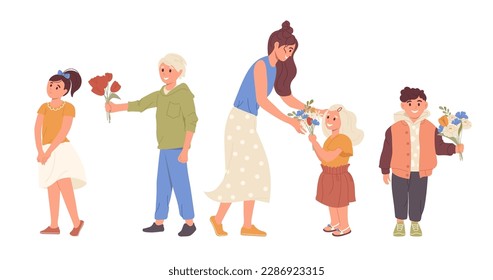 Set of happy cute smiling diverse children holding and giving flowers bouquet vector illustration