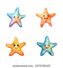 set of happy cute starfish watercolor illustrations for printing on baby clothes, pattern, sticker, postcards, print, fabric, and books