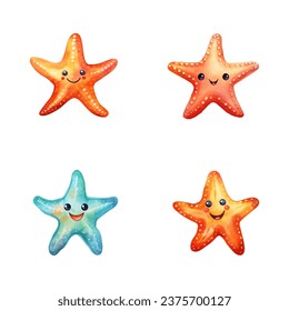 set of happy cute starfish watercolor illustrations for printing on baby clothes, pattern, sticker, postcards, print, fabric, and books