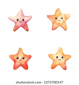 set of happy cute starfish watercolor illustrations for printing on baby clothes, pattern, sticker, postcards, print, fabric, and books