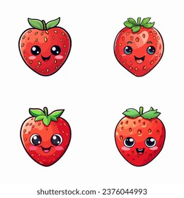 set of happy cute strawberry watercolor illustrations for printing on baby clothes, pattern, sticker, postcards, print, fabric, and books