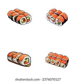 set of happy cute sushi watercolor illustrations for printing on baby clothes, pattern, sticker, postcards, print, fabric, and books