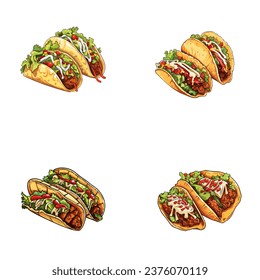 set of happy cute tacos watercolor illustrations for printing on baby clothes, pattern, sticker, postcards, print, fabric, and books