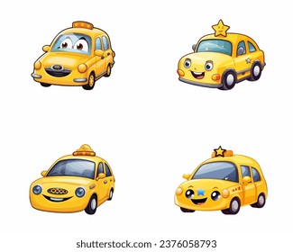 set of happy cute taxi watercolor illustrations for printing on baby clothes, pattern, sticker, postcards, print, fabric, and books