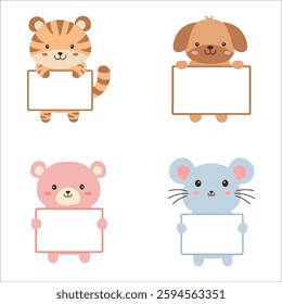 Set of Happy Cute Tiger Dog Bear Mouse Animal Cartoon Character Holding Empty White Board