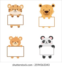 Set of Happy Cute Tiger Leopard Bear Panda Animal Cartoon Character Holding Empty White Board