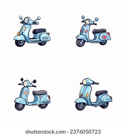 Set von süßen Vespa-Aquarellillustrationen zum Drucken auf Babybekleidung, Muster, Aufkleber, Postkarten, Druck, Stoff und Büchern