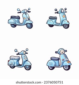 Set von süßen Vespa-Aquarellillustrationen zum Drucken auf Babybekleidung, Muster, Aufkleber, Postkarten, Druck, Stoff und Büchern