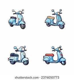 set of happy cute vespa watercolor illustrations for printing on baby clothes, pattern, sticker, postcards, print, fabric, and books