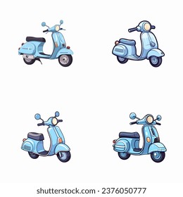 Set von süßen Vespa-Aquarellillustrationen zum Drucken auf Babybekleidung, Muster, Aufkleber, Postkarten, Druck, Stoff und Büchern