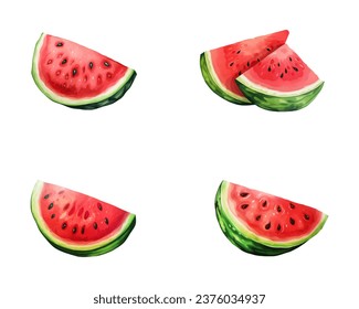 set of happy cute watermelon watercolor illustrations for printing on baby clothes, pattern, sticker, postcards, print, fabric, and books