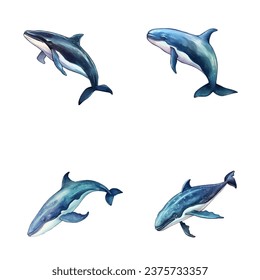 set of happy cute whale watercolor illustrations for printing on baby clothes, pattern, sticker, postcards, print, fabric, and books