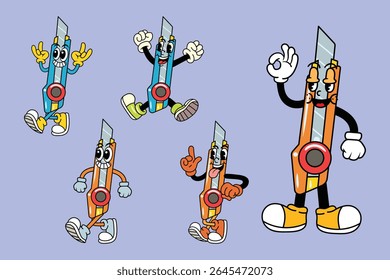 Set of Happy Cutter in Various Poses Character Cartoon Illustration Retro style
