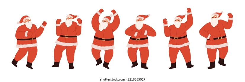 Set of happy dancing Santa Claus characters. Cartoon bearded Santa isolated on white background. Christmas, noel and new year concept. Flat vector illustration
