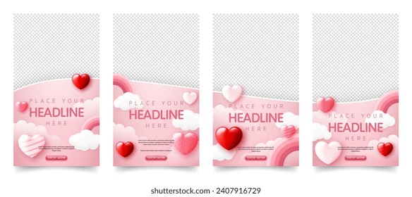 Set of happy valentine’s day banner template. special discount promotion sale offer with pink rainbow, sweet heart background for valentine online shop, store, advertising, web and social media post