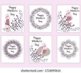 Set of Happy Mother’s day design greeting card.Vector illustration good for the mom holiday,poster,banner,invitation,postcard,wallpaper,background, brochure.Mother character holding baby on her hands