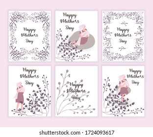 Set of Happy Mother’s day design greeting card.Vector illustration good for the mom holiday,poster,banner,invitation,postcard,wallpaper,background, brochure.Mother character holding baby on her hands