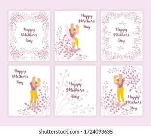 Set of Happy Mother’s day design greeting card.Vector illustration good for the mom holiday,poster,banner,invitation,postcard,wallpaper,background, brochure.Mother character holding baby on her hands