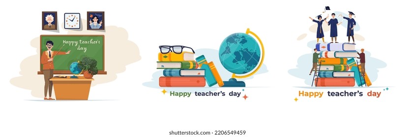 Set of Happy teacher’s day illustrations. Education concept. Collection. Teacher and students. Male teacher.