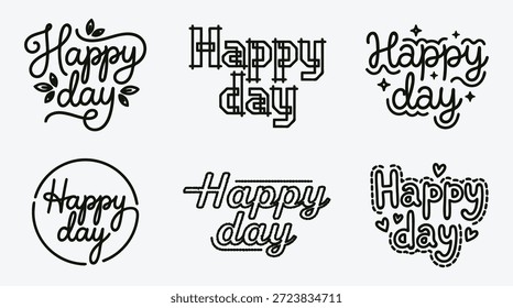 Conjunto de frases de texto Happy Day com desenhos decorativos de tipografia