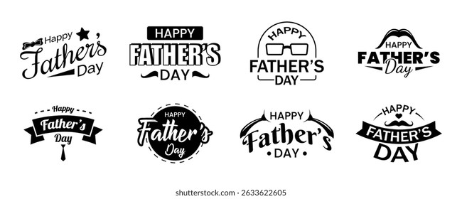 Set of Happy Father’s Day Typography Badges
Black and White Labels with Mustache, Hat, Glasses
Vintage Logo Design for Cards, Posters, T-Shirts