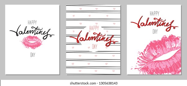 Set of Happy Valentine’s Day typography posters with handwritten calligraphy text, lips. Isolated. Illustration - Vector