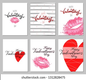 Set of Happy Valentine’s Day typography posters with handwritten calligraphy text, lips, heart. Isolated. Illustration - Vector