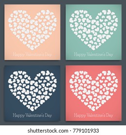 Set of Happy Valentine’s Day vintage greeting cards with paper hearts. Love wedding romantic label, tag, invitation.