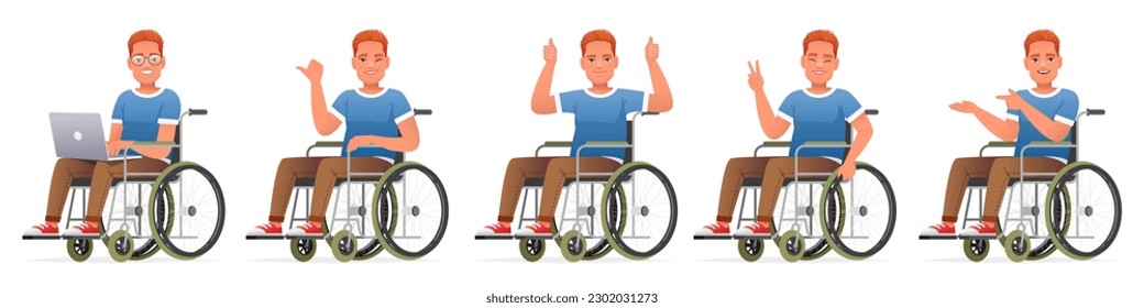 Set of happy disabled person in wheelchair. Man with glasses and a laptop sits in a wheelchair, points to something, a gesture of approval. Vector illustration in cartoon style on a white background.