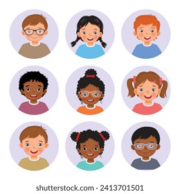 Set of happy diverse children head face avatars