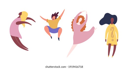 Set of happy diverse women. Concept, element for feminism, womens power, womens day card, poster, banner. Vector flat illustration on white isolated background. 