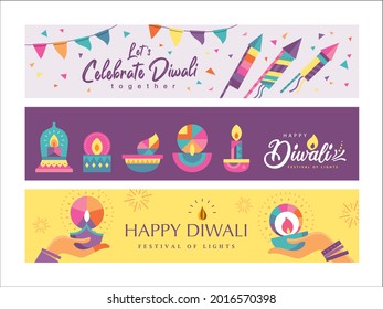 Set of happy Diwali Hindu festival banners design with colorful oil lamps, fireworks and typography design.