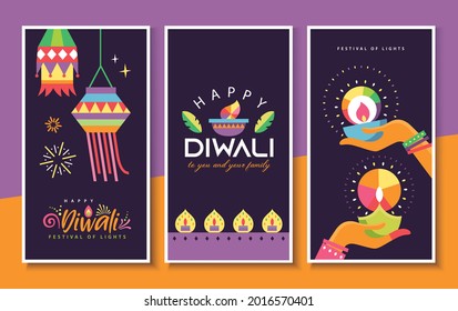 Set of happy Diwali Hindu festival posters design with colorful oil lamps, lanterns, fireworks and gift icons.