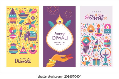 Set of happy Diwali Hindu festival posters design with colorful oil lamps, lanterns, fireworks and gift icons.