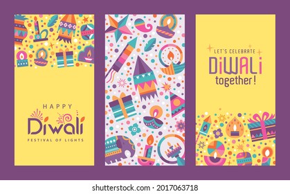 Set of happy Diwali Hindu festival posters design with colorful oil lamps, lanterns, fireworks and gift icons.