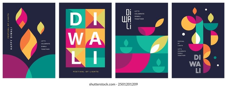 Set of happy Diwali Hindu festival modern design with diya oil lamps, colorful geometric and typography. Vector illustration for greeting card, poster, cover, banner.