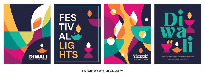 Set of happy Diwali Hindu festival modern design with diya oil lamps, colorful geometric and typography. Vector illustration for greeting card, poster, cover, banner.