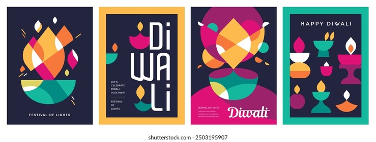 Set of happy Diwali Hindu festival modern design with diya oil lamps, colorful geometric and typography. Vector illustration for greeting card, poster, cover, banner.