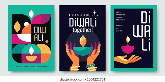 Set of happy Diwali Hindu festival modern design with hands holding diya, oil lamps and typography. Vector illustration for greeting card, poster, cover, banner.