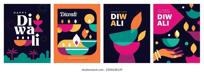 Conjunto de diseño moderno feliz del festival hindú de Diwali con manos que sostienen diya, lámparas de aceite y tipografía. Ilustración vectorial para la tarjeta de felicitación, cartel, cubierta, Anuncio.