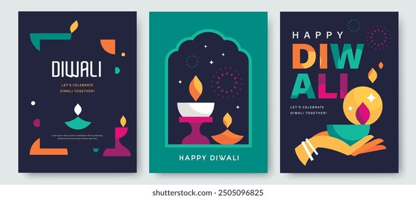 Set of happy Diwali Hindu festival modern design with hands holding diya, oil lamps and typography. Vector illustration for greeting card, poster, cover, banner.