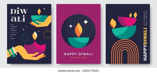 Set of happy Diwali Hindu festival modern design with hands holding diya, oil lamps and typography. Vector illustration for greeting card, poster, cover, banner.