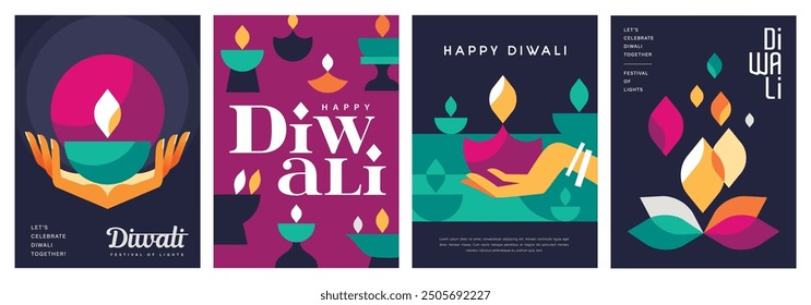 Set of happy Diwali Hindu festival modern design with hands holding diya, oil lamps and typography. Vector illustration for greeting card, poster, cover, banner.