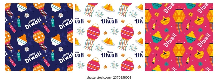 Set of Happy Diwali Seamless Pattern Illustration Design with Light Festival of India Ornament in Cartoon Hand Drawn Template