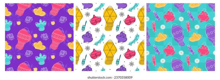 Set of Happy Diwali Seamless Pattern Illustration Design with Light Festival of India Ornament in Cartoon Hand Drawn Template