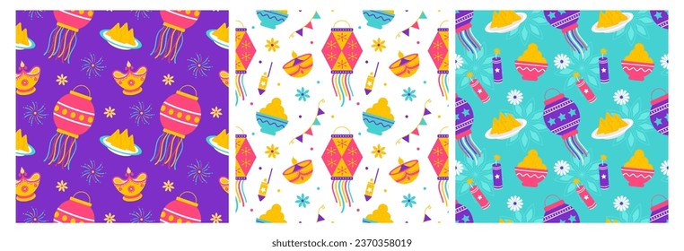 Set of Happy Diwali Seamless Pattern Illustration Design with Light Festival of India Ornament in Cartoon Hand Drawn Template