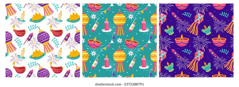 Set of Happy Diwali Seamless Pattern Illustration Design with Light Festival of India Ornament in Cartoon Hand Drawn Template