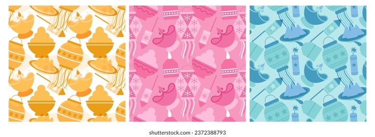 Set of Happy Diwali Seamless Pattern Illustration Design with Light Festival of India Ornament in Cartoon Hand Drawn Template